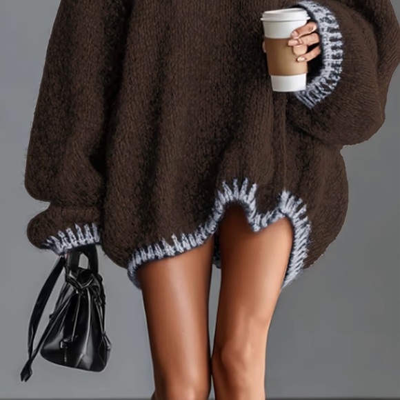 Brown Oversized Sweater Hoodie Cozy Knit Pullover Size L - Picture 5 of 7